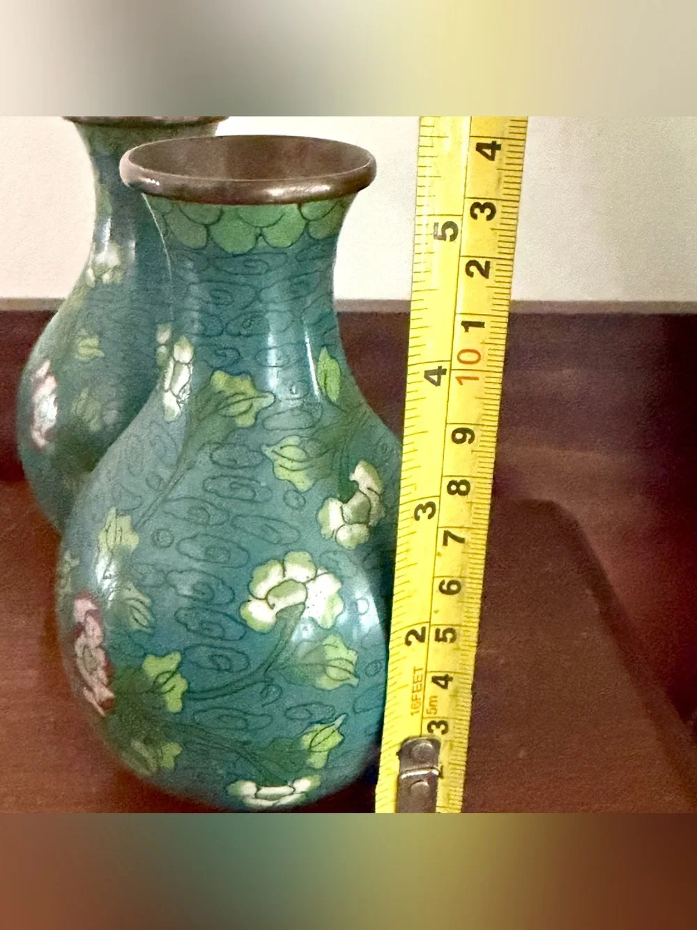 Pair 2 Vintage Teal Chinese Floral Cloisonné Enameled Vase Brass Metal 5” Asian